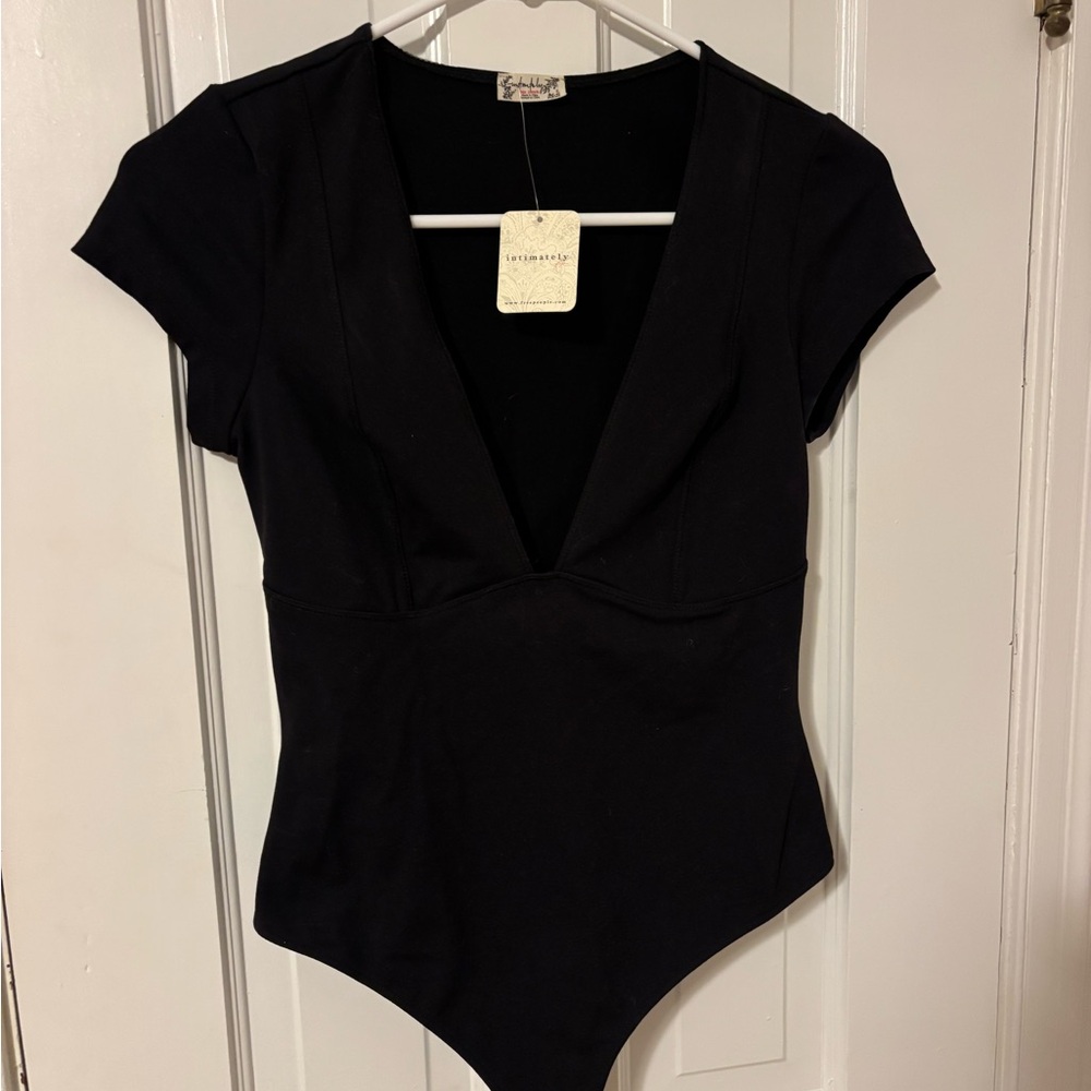 Free People Black Fitted Bodysuit with Notched Collar